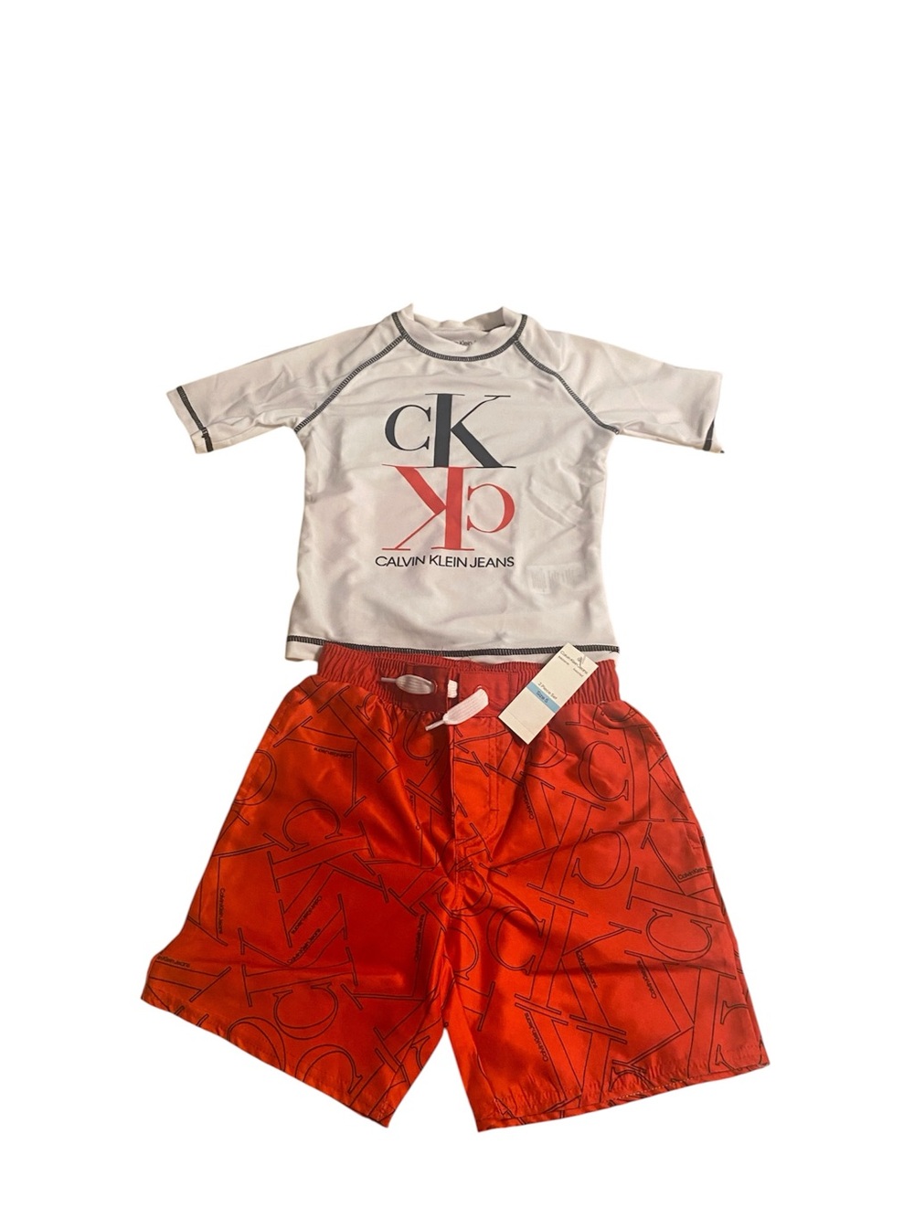 New Calvin Klein Boys Swim 2 piece Set Trunks Shirt Toddler Red White